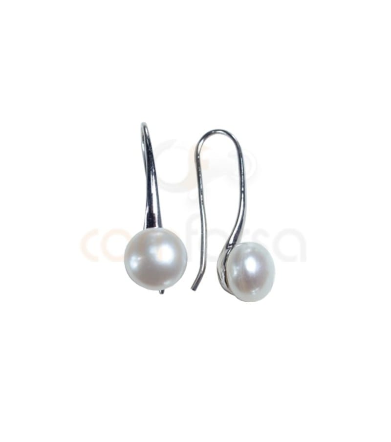 Sterling Silver 925 Earrings with Hook Long Rhodium & Pearl