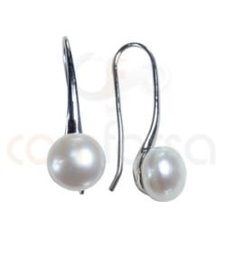 Sterling Silver 925 Earrings with Hook Long Rhodium & Pearl
