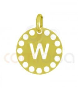 Colgante letra W con circulos troquelados 14mm plata 925 chapada en oro