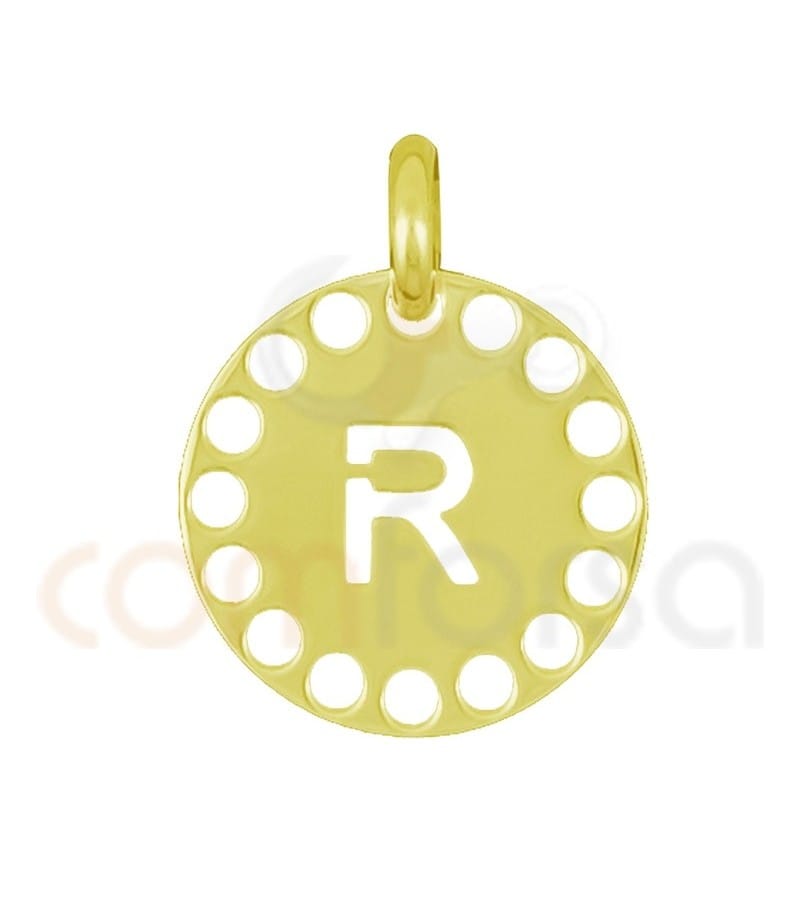 Colgante letra R con circulos troquelados 14mm plata 925 chapada en oro