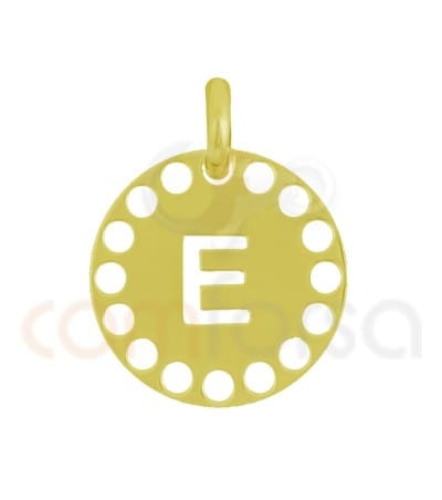 Colgante letra E con circulos troquelados 14mm plata 925 chapada en oro