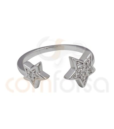 anillo doble estrella con circonias en plata rodiada