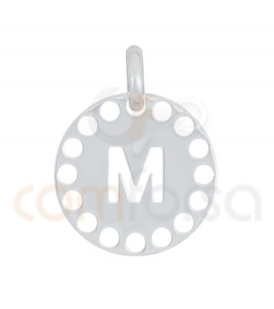 Colgante letra M con circulos troquelados 14mm plata 925 chapada en oro