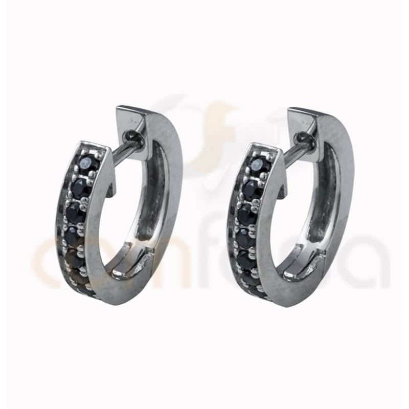 Sterling Silver 925 Hoop earrings with "JET" Zirconias 2.5 x 13.5mm