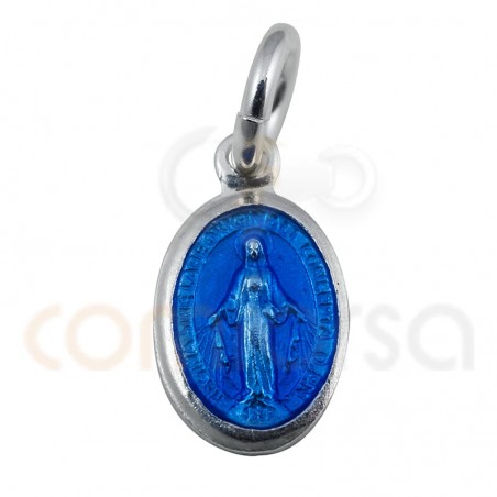 Sterling silver 925 Miraculous medal with Virgin 6 x 10 mm blue enamel