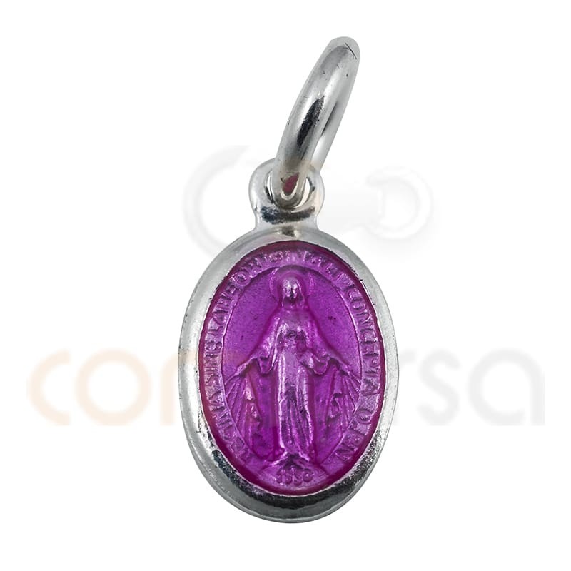 Sterling silver 925 Miraculous medal with Virgin 6 x 10 mm pink enamel