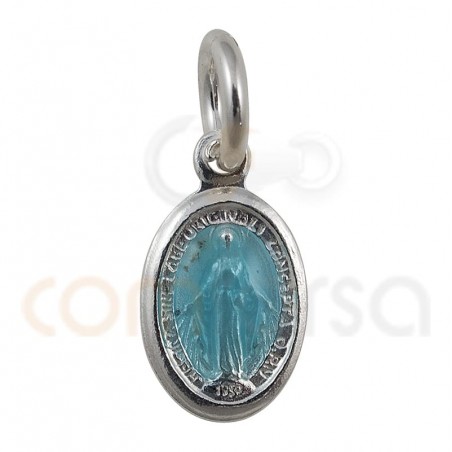 Sterling silver 925 Miraculous medal with Virgin 6 x 10 mm light blue enamel
