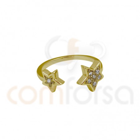 anillo abierta doble estrella circonia plata baño de oro
