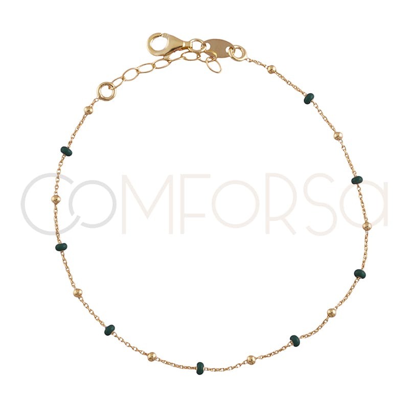 Sterling silver 925 gold-plated bracelet with dark green enamelled beads 18+3cm