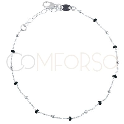 Pulsera con bolitas y esmalte negro 18+3cm plata baño de oro