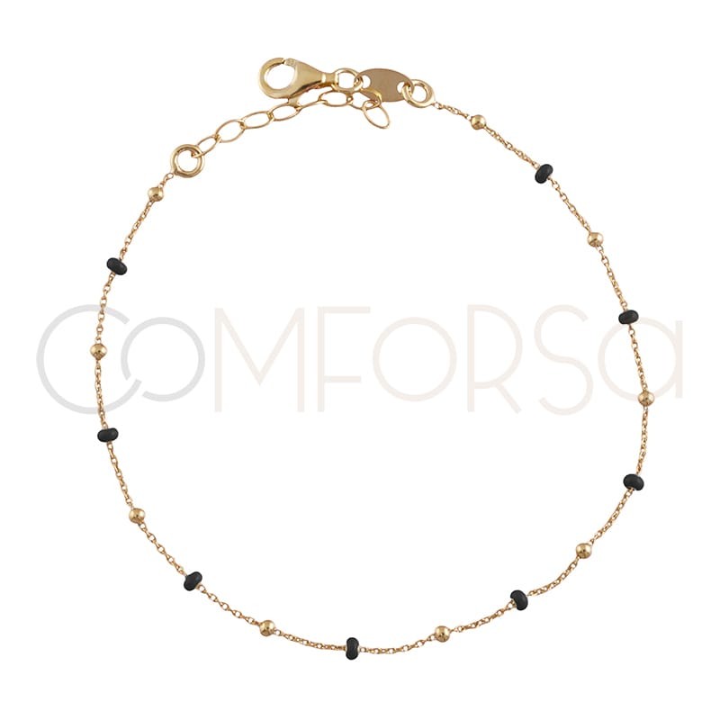 Pulsera con bolitas y esmalte negro 18+3cm plata baño de oro