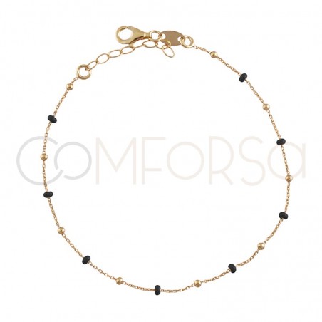 Pulsera con bolitas y esmalte negro 18+3cm plata baño de oro