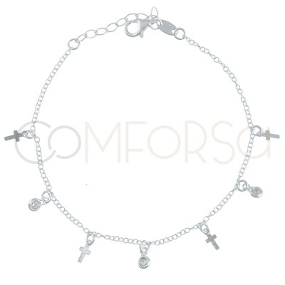 Pulsera cruces y circonias 18+3 cm plata baño de oro