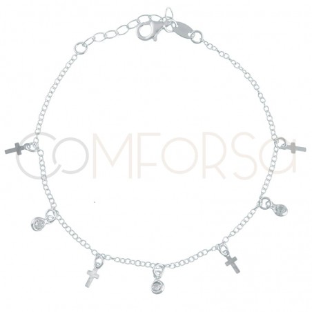 Pulsera cruces y circonias 18+3 cm plata baño de oro