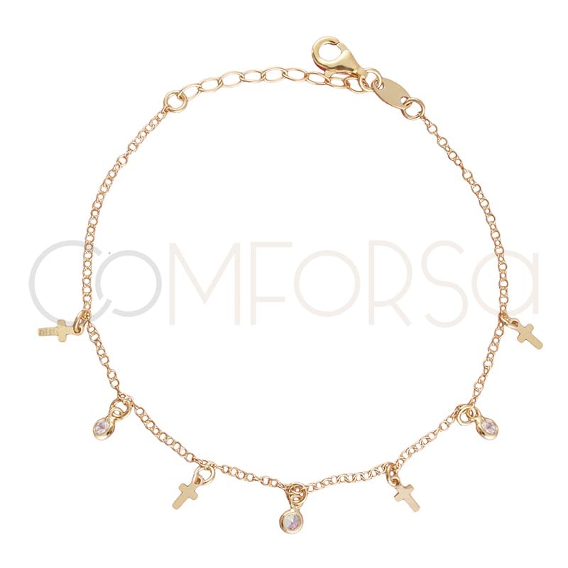 Pulsera cruces y circonias 18+3 cm plata baño de oro