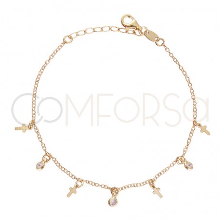 Pulsera cruces y circonitas 18+3 cm plata chapada en oro