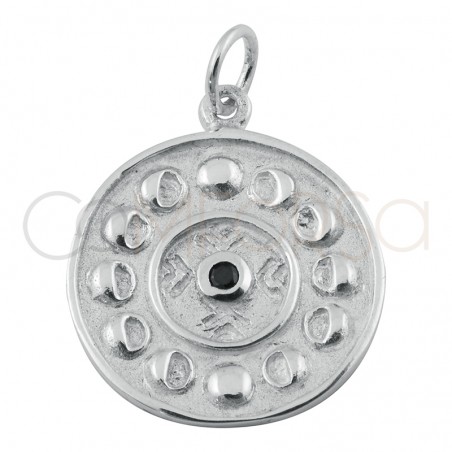 Sterling silver 925 lunar phase pendant with black zirconia 20mm