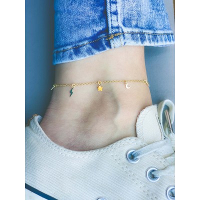 Sterling silver 925 gold-plated moon, star and lightning bolt anklet