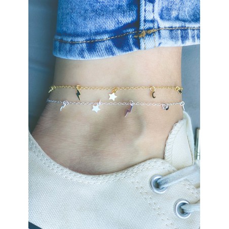 Sterling silver 925 gold-plated moon, star and lightning bolt anklet