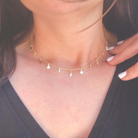 Sterling silver 925 lightning bolt, star and moon choker 40 cm