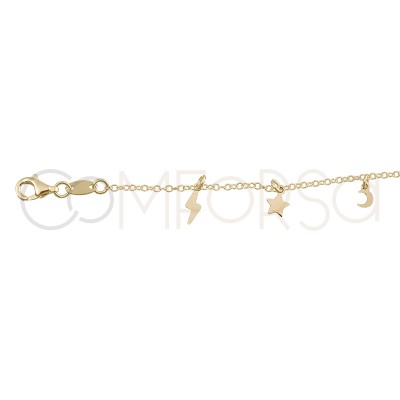 Sterling silver 925 gold-plated moon, star and lightning bolt anklet