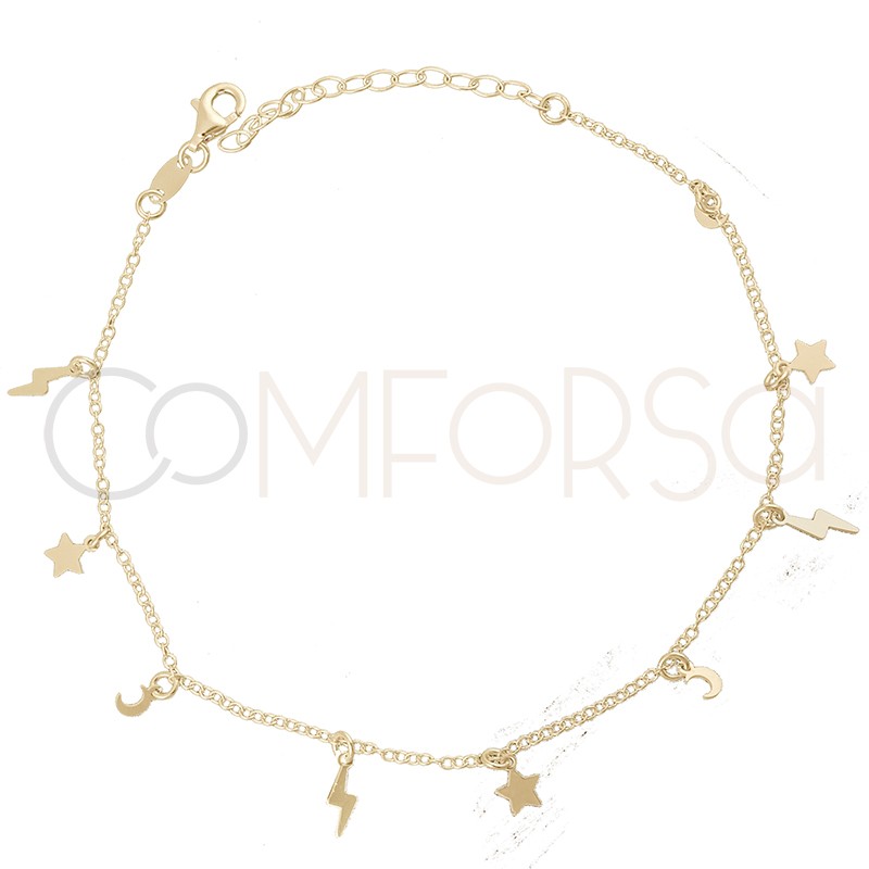 Sterling silver 925 gold-plated moon, star and lightning bolt anklet