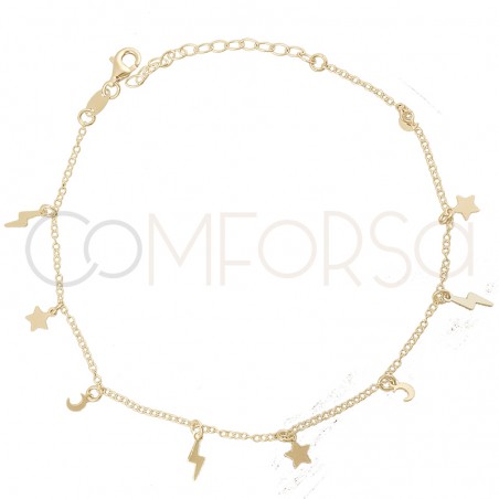 Sterling silver 925 gold-plated moon, star and lightning bolt anklet