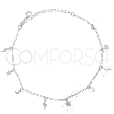 Sterling silver 925 gold-plated moon, star and lightning bolt anklet