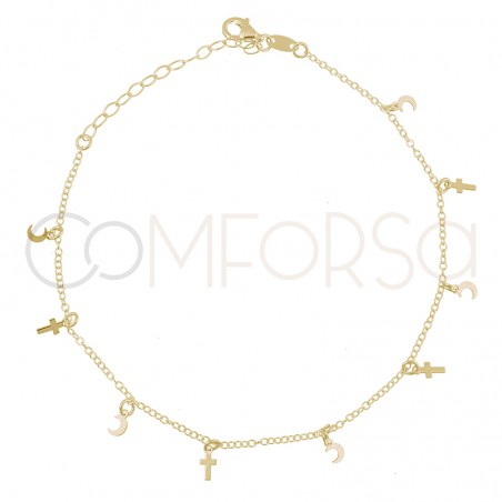 Sterling silver 925 gold-plated moon and cross anklet