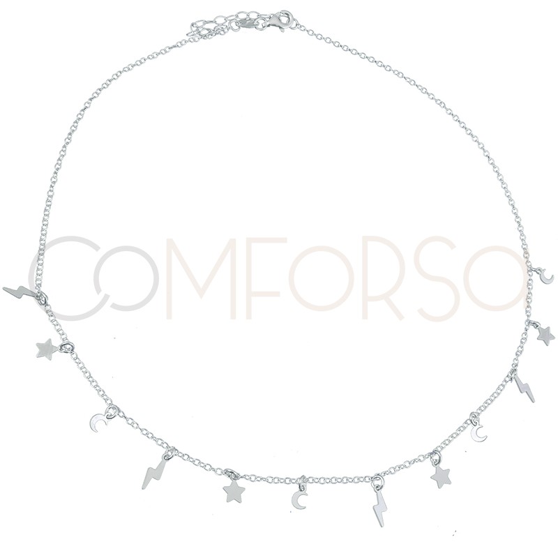 Sterling silver 925 lightning bolt, star and moon choker 40 cm