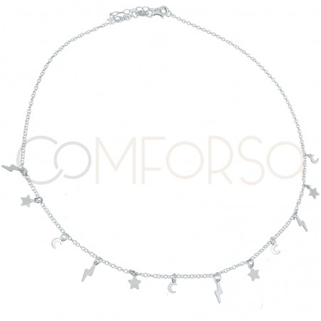 Sterling silver 925 lightning bolt, star and moon choker 40 cm