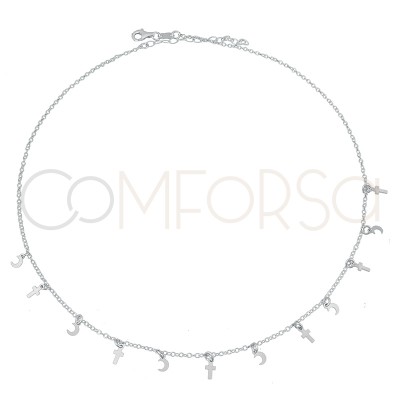 Sterling silver 925 cross and moon choker 40 cm