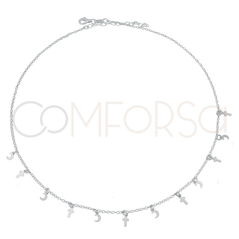 Sterling silver 925 cross and moon choker 40 cm