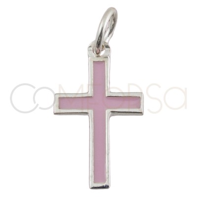 Colgante cruz esmalte rosa palo  9 x 16mm plata 925