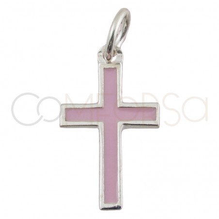 Sterling silver 925 cross pendant  with pale pink enamel 9 x 16 mm