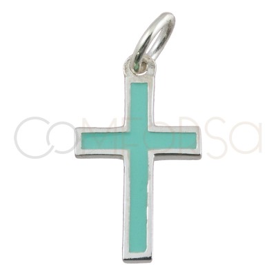 Colgante cruz esmalte verde menta 9 x 16mm plata 925