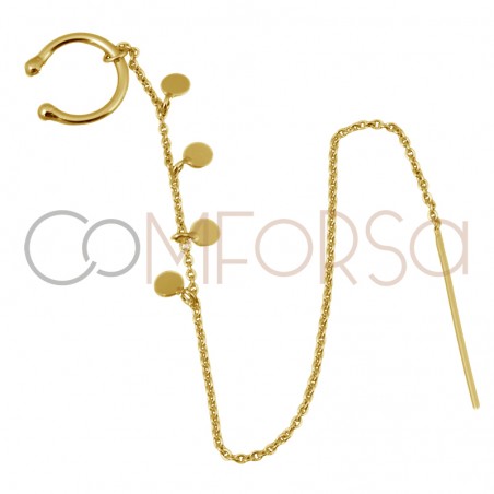Ear cuff cadena con medallitas 13mm plata baño de oro