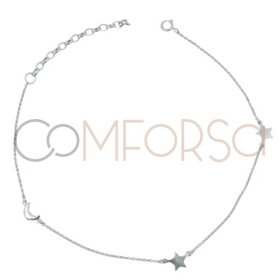 Sterling silver 925 anklet with stars and moon 21.5mm