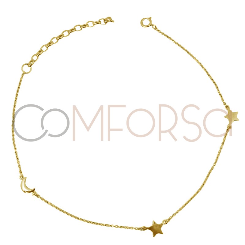 Sterling silver 925 gold-plated anklet with stars and moon 21.5mm