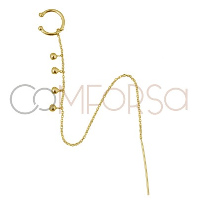 Sterling silver 925 gold-plated ear cuff with chain 13 mm and balls 3mm