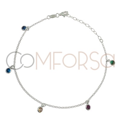 Sterling silver 925 anklet with colourful zirconias 21.5 cm