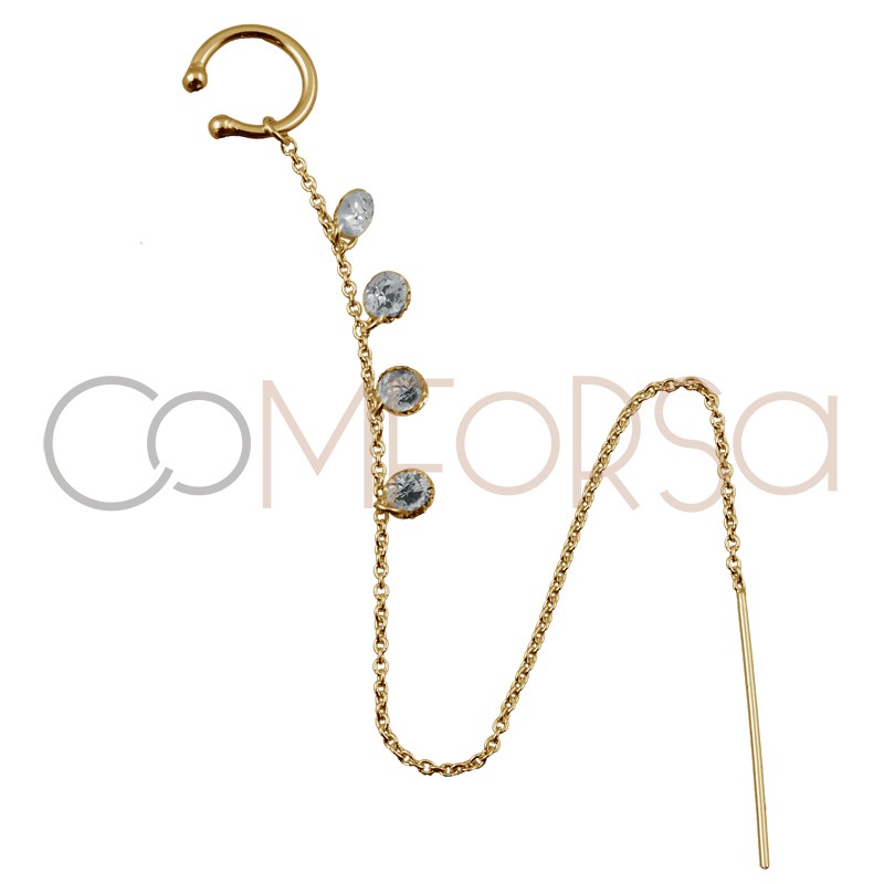 Sterling silver 925 gold-plated ear cuff with chain and zirconias 11 mm