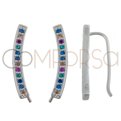 Sterling silver 925 ear crawlers with colourful zirconias 3 x 22 mm