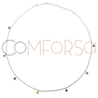Sterling silver 925 rhodium plated choker with multicolour star zirconias