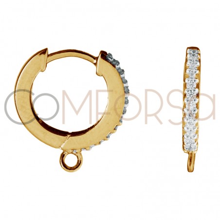 Sterling silver 925 gold-palted hoop earring with zirconias and jumpring 11 mm