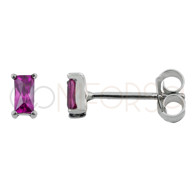 Sterling silver 925 mini rectangular earring with ruby zirconia 2 x 5 mm