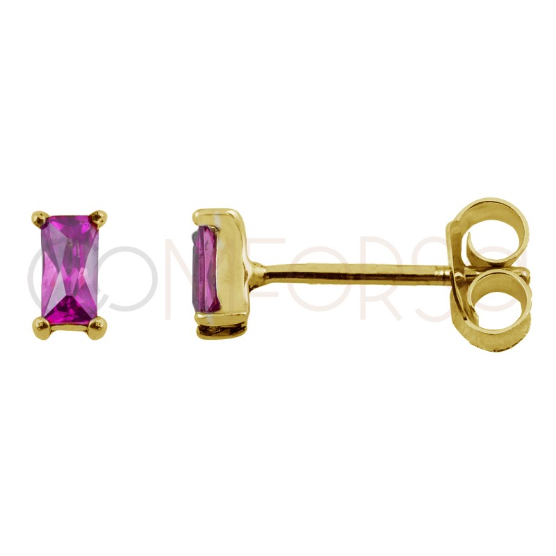 Sterling silver 925 gold-plated mini rectangular earring with ruby zirconia 2 x 5 mm