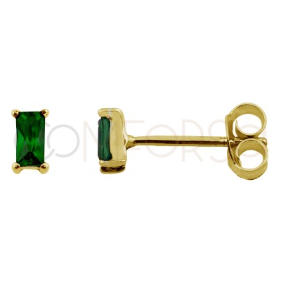 Sterling silver 925 gold-plated mini rectangular earring with emerald zirconia 2 x 5 mm