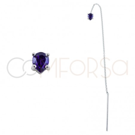 Sterling silver 925 chain earring with Tanzanite zirconia 4x5mm