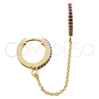 Sterling silver 925 gold-plated 12mm double hoop earring fuchsia zirconia and chain